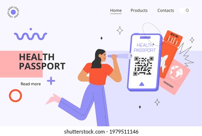Concept of a health passport or Covid19 vaccination passport. Flat vector illustration. Happy woman looking through the spyglass. Travel during the pandemic.