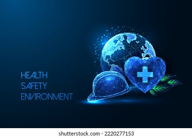 Concept of Health Safety Environment HSE in futuristic glowing low polygonal style on dark blue background. Standard safe industrial work, ESG. Modern abstract connection design vector illustration.