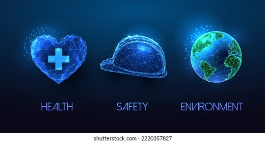 Concepto del entorno de seguridad de la salud HSE en estilo futurista bajo poligonal en fondo azul oscuro. Trabajo industrial seguro estándar, ESG. Ilustración vectorial de diseño de conexión abstracta moderna.