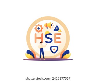 the concept of Health, Safety, and Environment or HSE. a HSE officer. help maintain the work environment. provide occupational health and safety guarantees to employees. concept illustration design