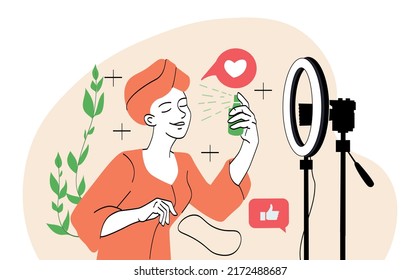 Concept of health and self care. Female beauty blogger making review for cosmetics and recording video for her blog. Young girl talks about makeup on channel. Cartoon flat vector illustration.