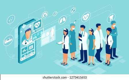 Concept of healthcare app on a smartphone. Vector of professional medical team connected online to a patient giving a medical consultation