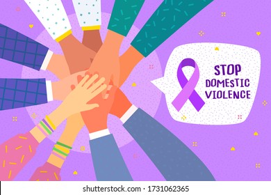 Concept of healthcare, charity, people and social problems. Hands with purple violet domestic violence awareness ribbon and hearts. Flat design, vector illustration.