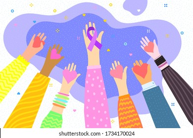 Concept of healthcare, charity, people and social problems. Hands with purple violet domestic violence awareness ribbon and hearts. Flat design, vector illustration.