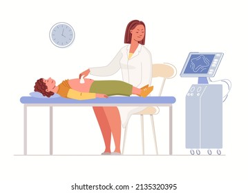 Concepto de salud, protección infantil. Escena de diagnóstico de ultrasonido pediátrico, examen y tratamiento médico, médico con paciente. Ilustración de caricaturas planas de caracteres. Vector.