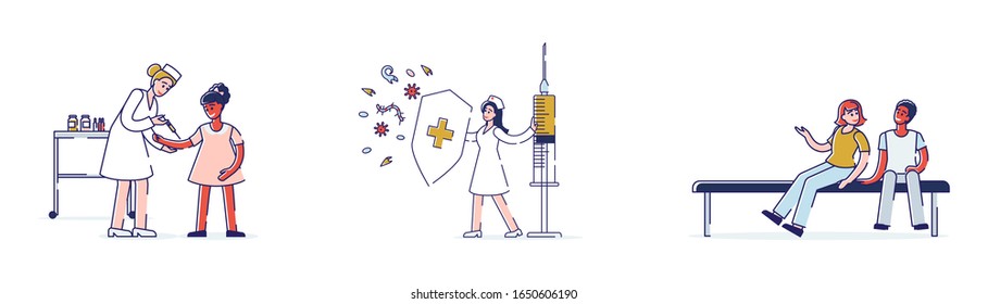 Concept Of Healthcare, Children Vaccination, Virus Protection, Social People Health Awareness. Process Of Children Vaccination In a Hospital. Set Of Cartoon Outline Linear Flat Vector Illustrations