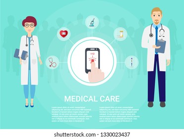 Concept healthcare. Medical background. Set icons of medical equipment. Doctor and patient isolated on background. Vector illustration