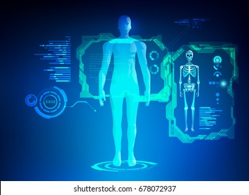 concept of healthcare technology; scientific interface of identity check; digital blueprint of 3D body part of skeleton