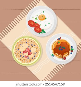 Concept of healthy breakfast . Three breakfast options:eggs with tomatoes and parsley;pancakes with berries ; porrige with fruit and seeds. Vector illustration on beige, brown background.