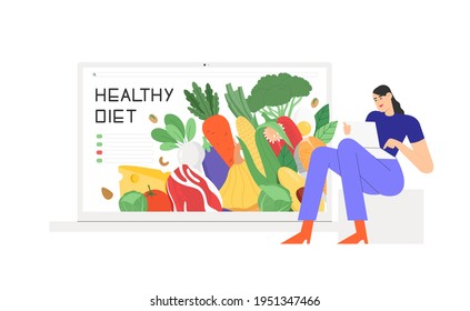 Concept of healthy diet. Online order food or a diet plan. Balanced nutrition, healthy eating, dietetic products, organic products, online nutrition.
