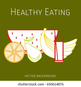 Concept of a healthy diet, vector background, assorted fresh fruits, healthy lifestyle, banner, silhouette