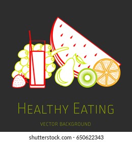 Concept of a healthy diet, vector background, assorted fresh fruits, healthy lifestyle, banner, silhouette
