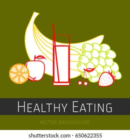 Concept of a healthy diet, vector background, assorted fresh fruits, healthy lifestyle, banner, silhouette