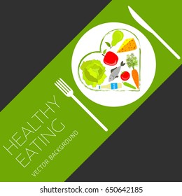 Concept of a healthy diet, vector background, assorted natural fruits and vegetables, healthy lifestyle, banner, heart