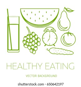 Concept of a healthy diet, vector background, assorted natural fruits and vegetables, healthy lifestyle, banner, silhouette