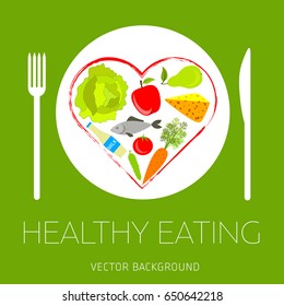 Concept of a healthy diet, vector background, assorted natural fruits and vegetables, healthy lifestyle, banner, heart