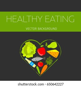Concept of a healthy diet, vector background, assorted natural fruits and vegetables, healthy lifestyle, banner, heart
