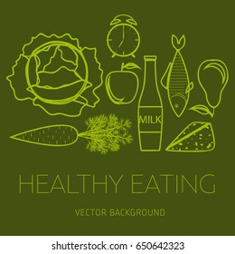 Concept of a healthy diet, vector background, assorted natural fruits and vegetables, healthy lifestyle, banner, silhouette