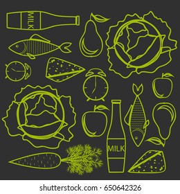 Concept of a healthy diet, vector background, assorted natural fruits and vegetables, healthy lifestyle, banner, silhouette