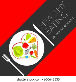 Concept of a healthy diet, vector background, assorted natural fruits and vegetables, healthy lifestyle, banner, heart