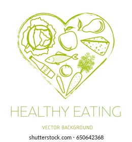 Concept of a healthy diet, vector background, assorted natural fruits and vegetables, healthy lifestyle, banner,  silhouette, heart