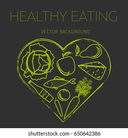 Concept of a healthy diet, vector background, assorted natural fruits and vegetables, healthy lifestyle, banner,  silhouette, heart