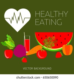 Concept of a healthy diet, vector background, assorted natural fruits and vegetables, healthy lifestyle, banner, heart