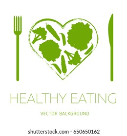 Concept of a healthy diet, vector background, assorted natural fruits and vegetables, healthy lifestyle, banner, silhouette, heart