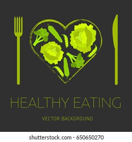 Concept of a healthy diet, vector background, assorted natural fruits and vegetables, healthy lifestyle, banner, heart
