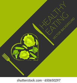 Concept of a healthy diet, vector background, assorted natural fruits and vegetables, healthy lifestyle, banner, heart