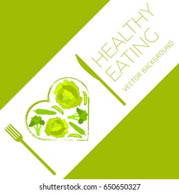Concept of a healthy diet, vector background, assorted natural fruits and vegetables, healthy lifestyle, banner, heart