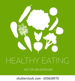 Concept of a healthy diet, vector background, assorted natural vegetables, healthy lifestyle, banner, silhouette