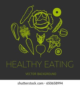 Concept of a healthy diet, vector background, assorted natural vegetables, healthy lifestyle, banner, silhouette