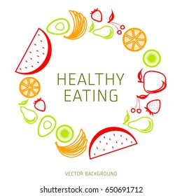 Concept of a healthy diet, vector background, assorted natural fruits, healthy lifestyle, banner, silhouette