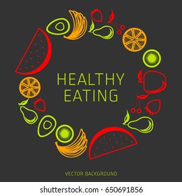 Concept of a healthy diet, vector background, assorted natural fruits, healthy lifestyle, banner, silhouette