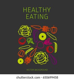 Concept of a healthy diet, vector background, assorted natural fruits and vegetables, healthy lifestyle, banner, silhouette
