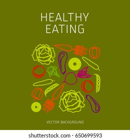 Concept of a healthy diet, vector background, assorted natural fruits and vegetables, healthy lifestyle, banner, silhouette