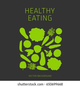 Concept of a healthy diet, vector background, assorted natural fruits and vegetables, healthy lifestyle, banner, silhouette