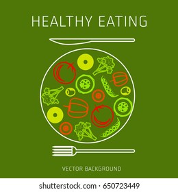 Concept of a healthy diet, vector background, assorted natural vegetables on a plate, healthy lifestyle, banner, silhouette