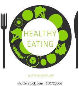 Concept of a healthy diet, vector background, assorted natural vegetables on a plate, healthy lifestyle, banner, silhouette