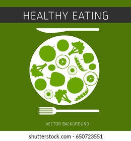 Concept of a healthy diet, vector background, assorted natural vegetables on a plate, healthy lifestyle, banner, silhouette