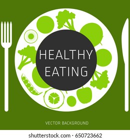 Concept of a healthy diet, vector background, assorted natural vegetables on a plate, healthy lifestyle, banner, silhouette