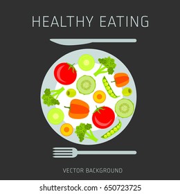Concept of a healthy diet, vector background, assorted natural vegetables on a plate, healthy lifestyle, banner