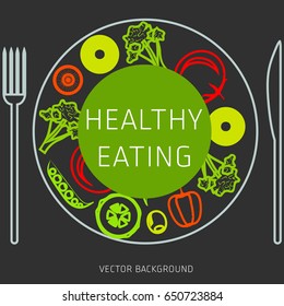 Concept of a healthy diet, vector background, assorted natural vegetables on a plate, healthy lifestyle, banner, silhouette