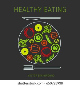 Concept of a healthy diet, vector background, assorted natural vegetables on a plate, healthy lifestyle, banner, silhouette