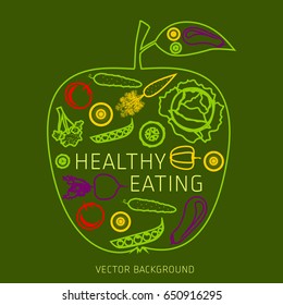 Concept of healthy eating, apple, vector background, healthy lifestyle, banner, silhouette, assorted vegetables