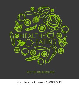 Concept of healthy eating, assorted fresh vegetables, vector background, healthy lifestyle, banner, silhouette