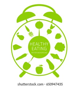 Concept of healthy eating, assorted fresh vegetables, vector background, healthy lifestyle, banner, silhouette, clock