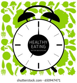 Concept of healthy eating, assorted fresh vegetables, vector background, healthy lifestyle, banner, silhouette, clock