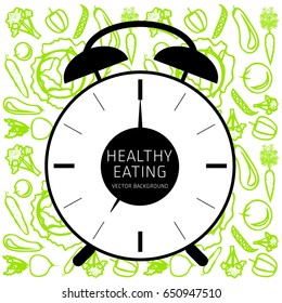 Concept of healthy eating, assorted fresh vegetables, vector background, healthy lifestyle, banner, silhouette, clock